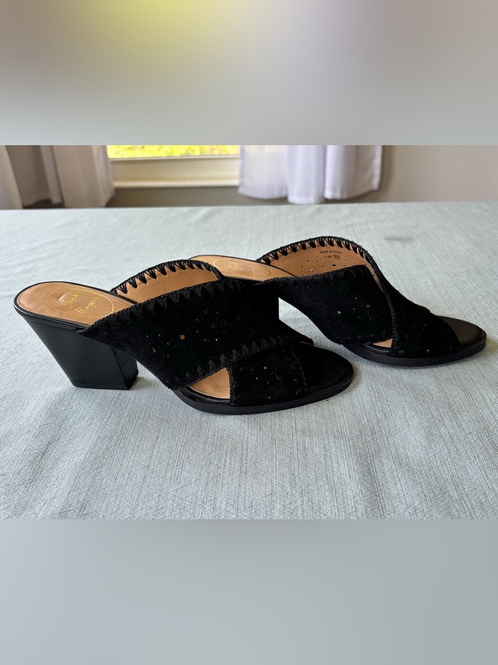 Jack Rogers Black Suede Open-Toe Block Heel Mules